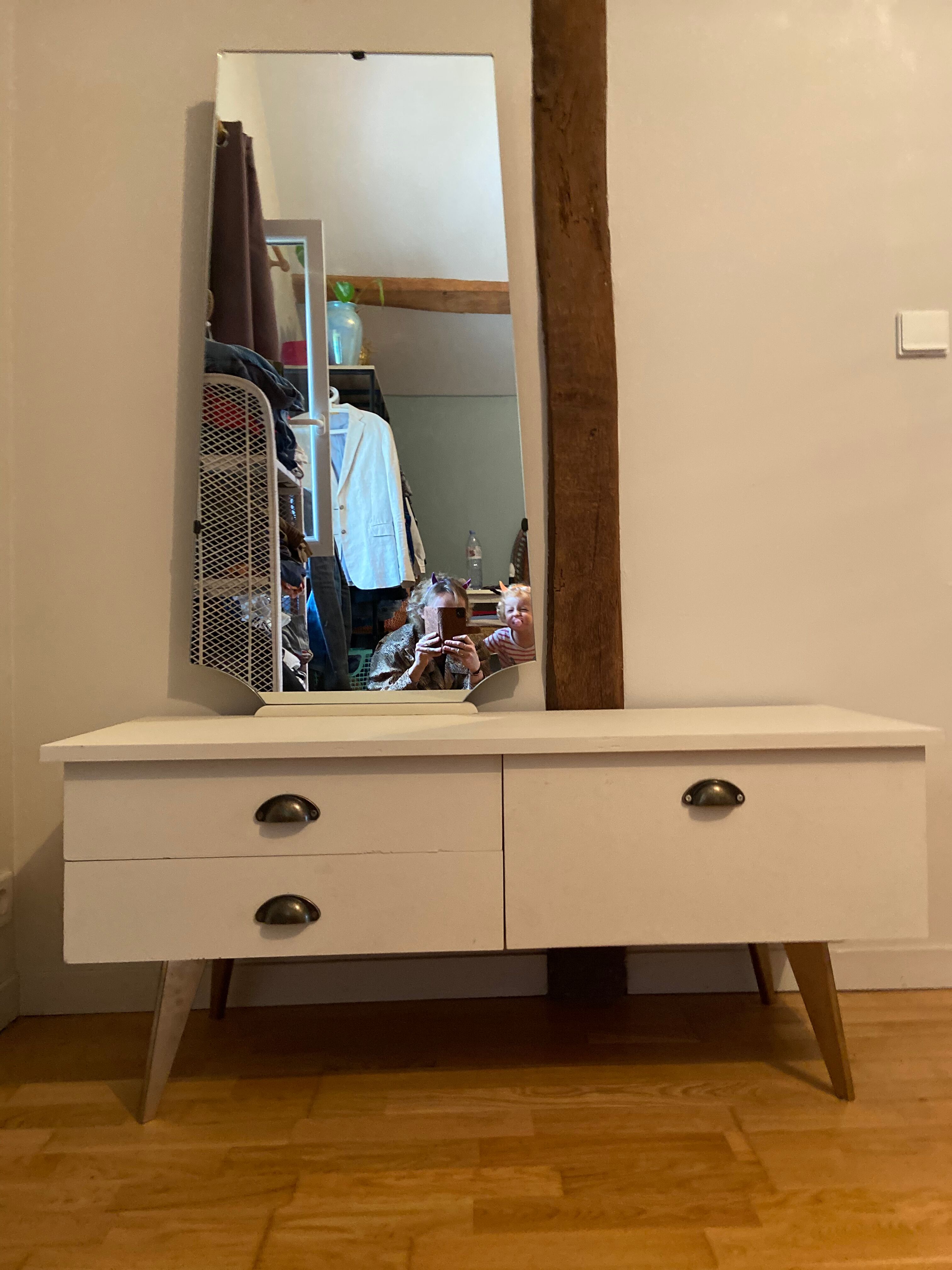 Vintage wooden dressing table with beveled mirror