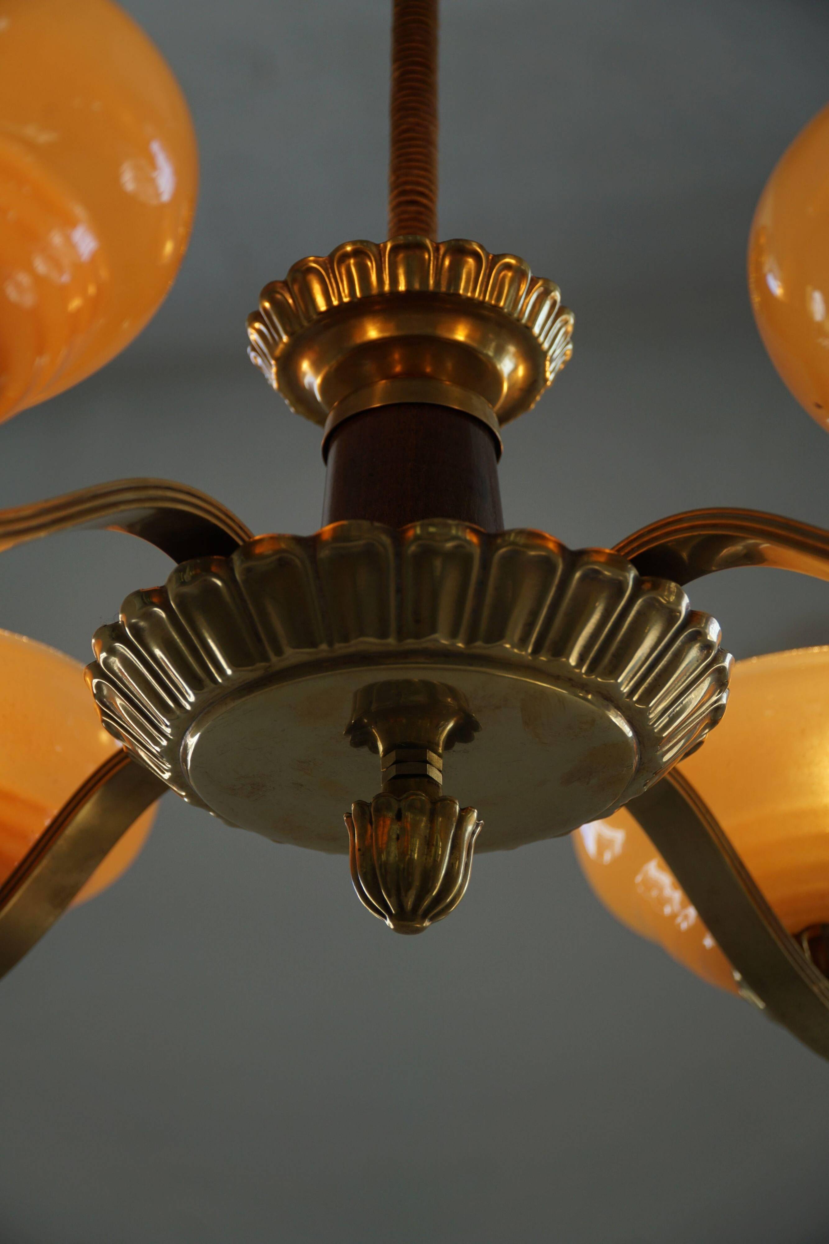 Art Deco chandelier with 4 arms in glass and brass, Sweden, 1940s