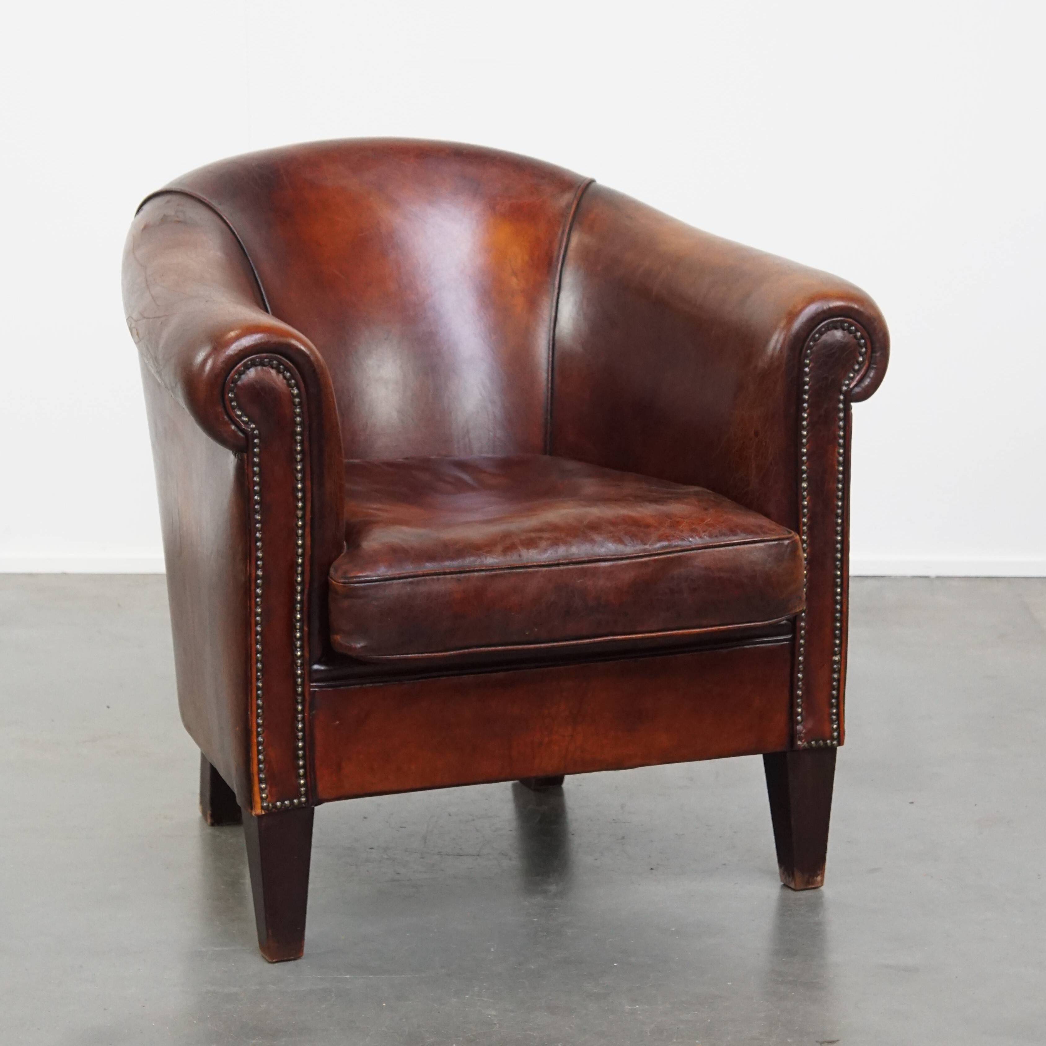 Sheepskin Leather Club Chair in a Cognac Tone
