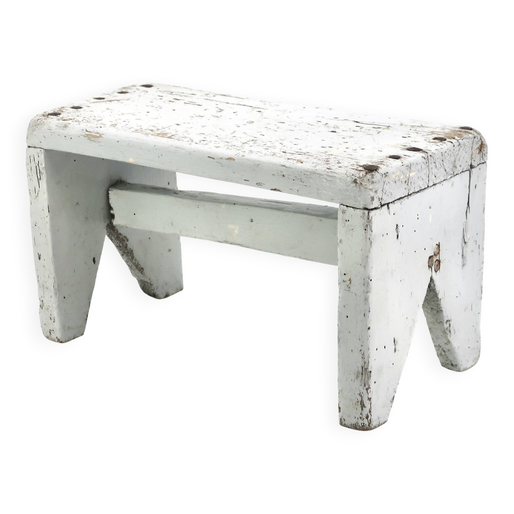 Small grey bench or wooden step stool, plant stand from the 1950s.