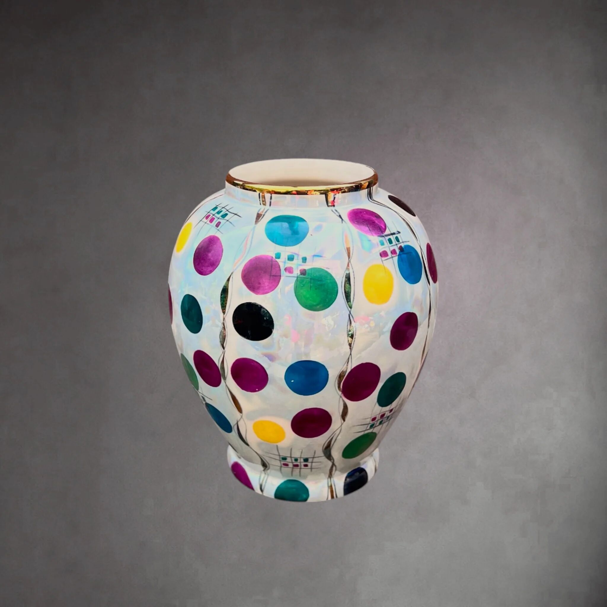 Vase Hubert Bequet Quaregnon en Faïence Nacrée Décor Confetti - Années 50-60
