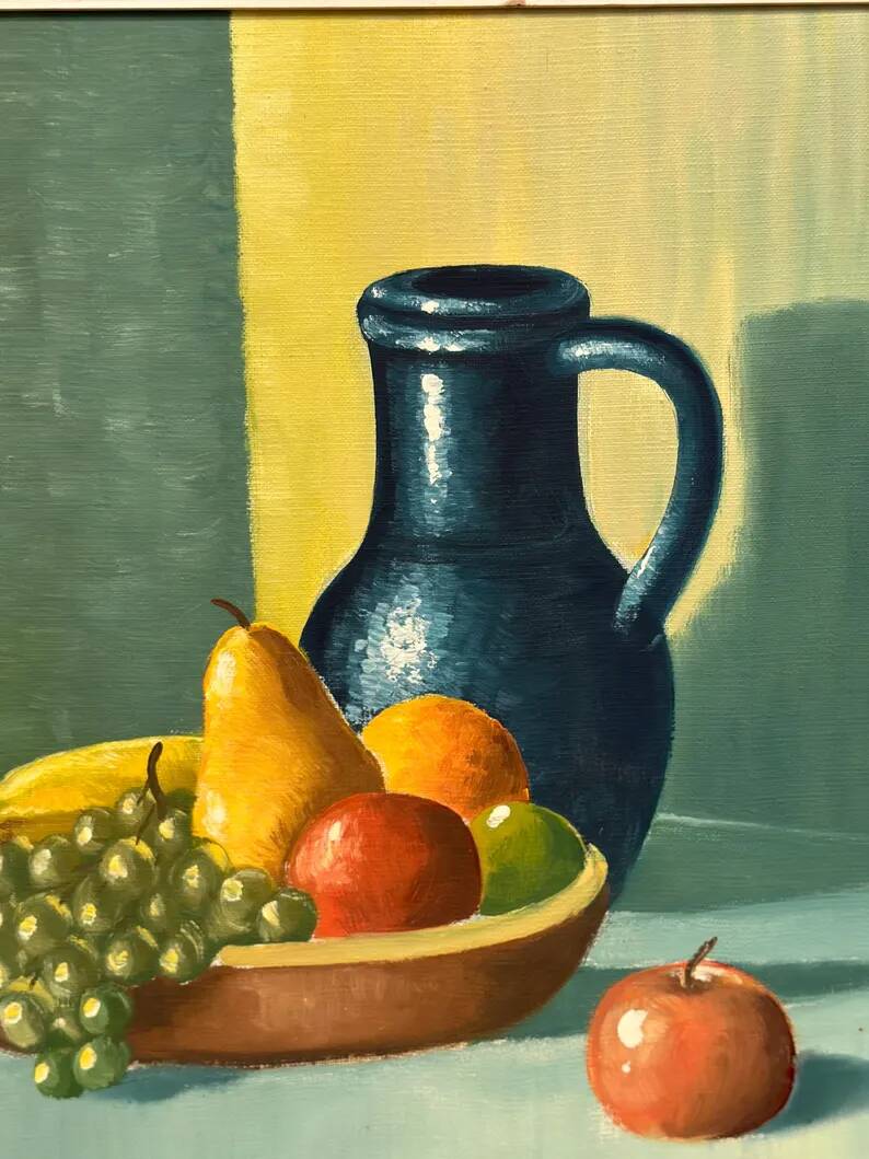 Original Swedish Oil on Canvas – 'Still Life with Fruits and Jug', Unknown Artist – Signed – Vintage and Framed – 52 × 44 cm (20.4" × 17.3")