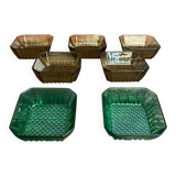 Set of 7 Antique ARCOROC Molded Glass Ramekins/Bowls, Smoked & Vintage Green