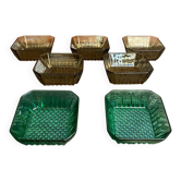 Set of 7 Antique ARCOROC Molded Glass Ramekins/Bowls, Smoked & Vintage Green