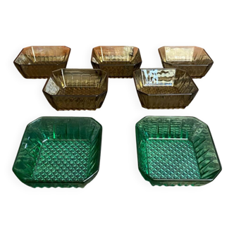 Set of 7 Antique ARCOROC Molded Glass Ramekins/Bowls, Smoked & Vintage Green