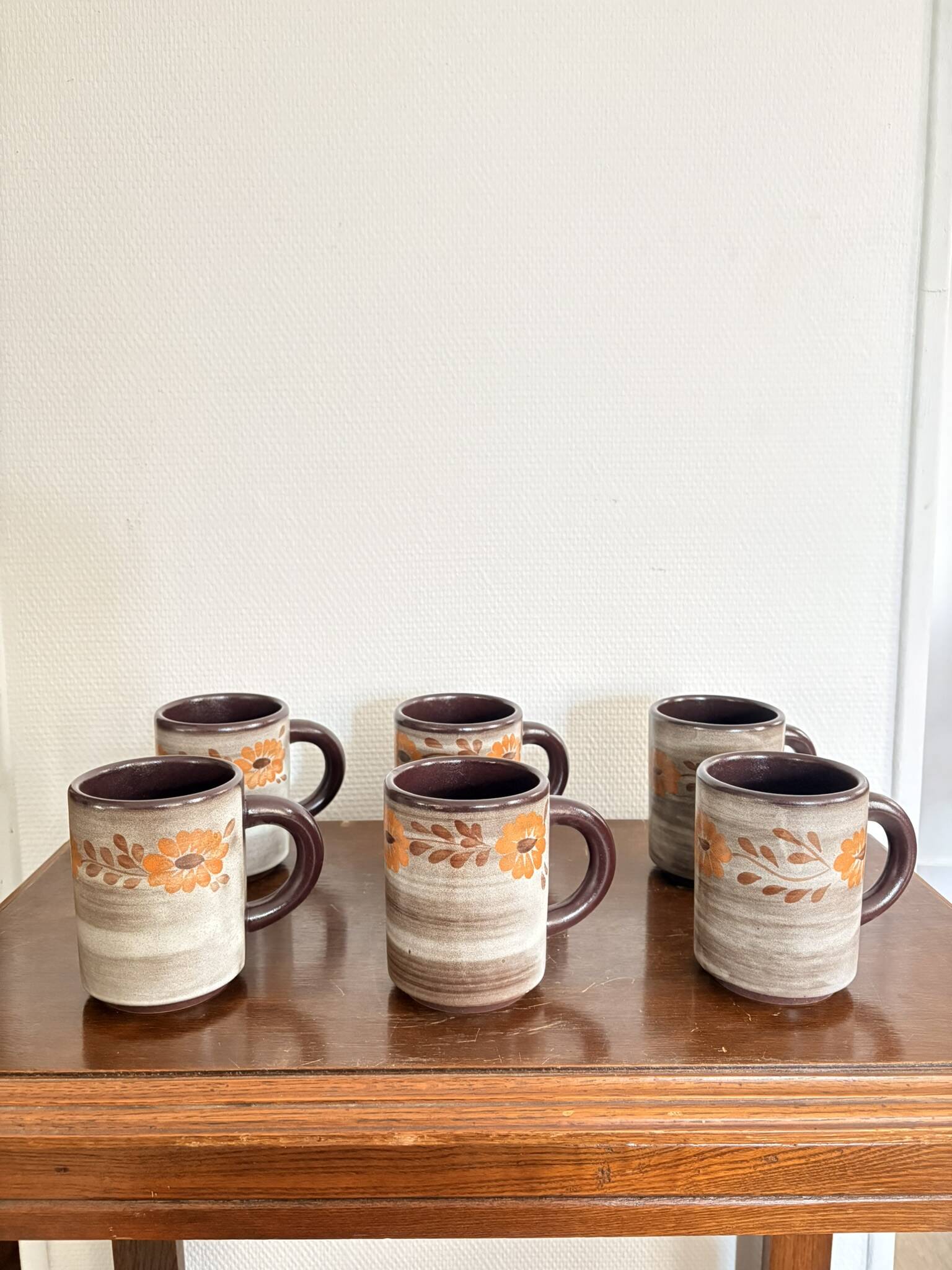 Vintage 6x Cup Ceramic Stoneware Flowers Floral Orange Brown 1970