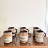 Vintage 6x Cup Ceramic Stoneware Flowers Floral Orange Brown 1970