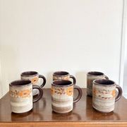 Vintage 6x Cup Ceramic Stoneware Flowers Floral Orange Brown 1970