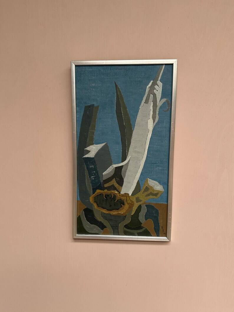 Original Swedish Oil on Canvas – "Aqave" by Marit Wahlström Schönbäck – Signed – Dated 1969 – Framed – 37 × 64 cm