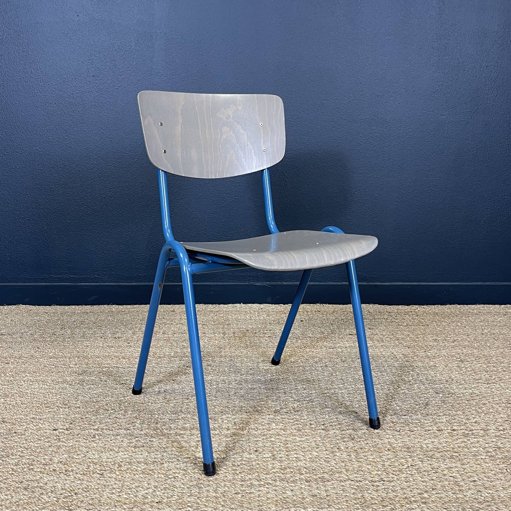 Set of 12 gray wood school chairs with blue feet Netherlands 70s/80s