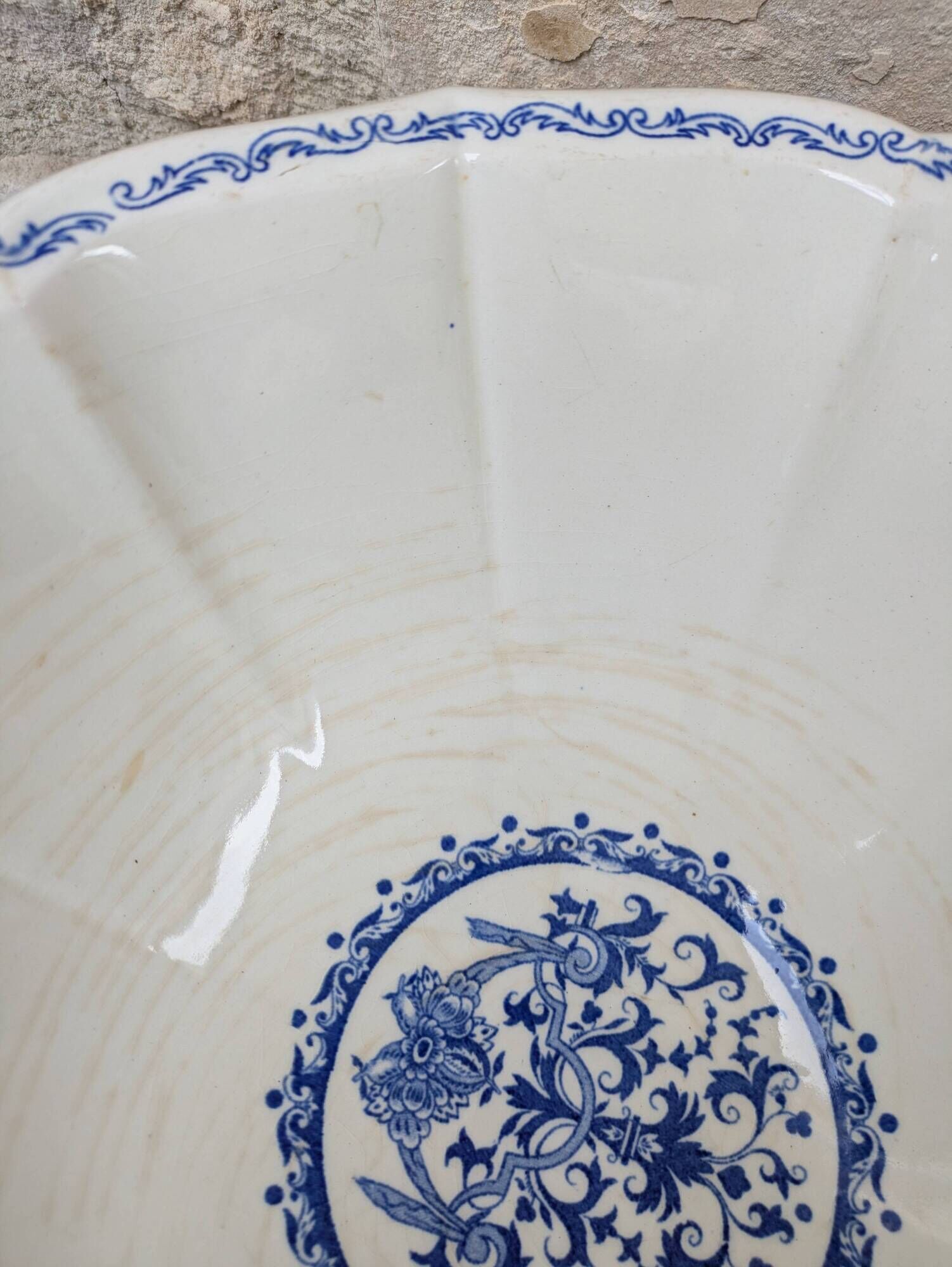 Vintage large salad bowl Gien Rouen model blue arabesques 30x14cm