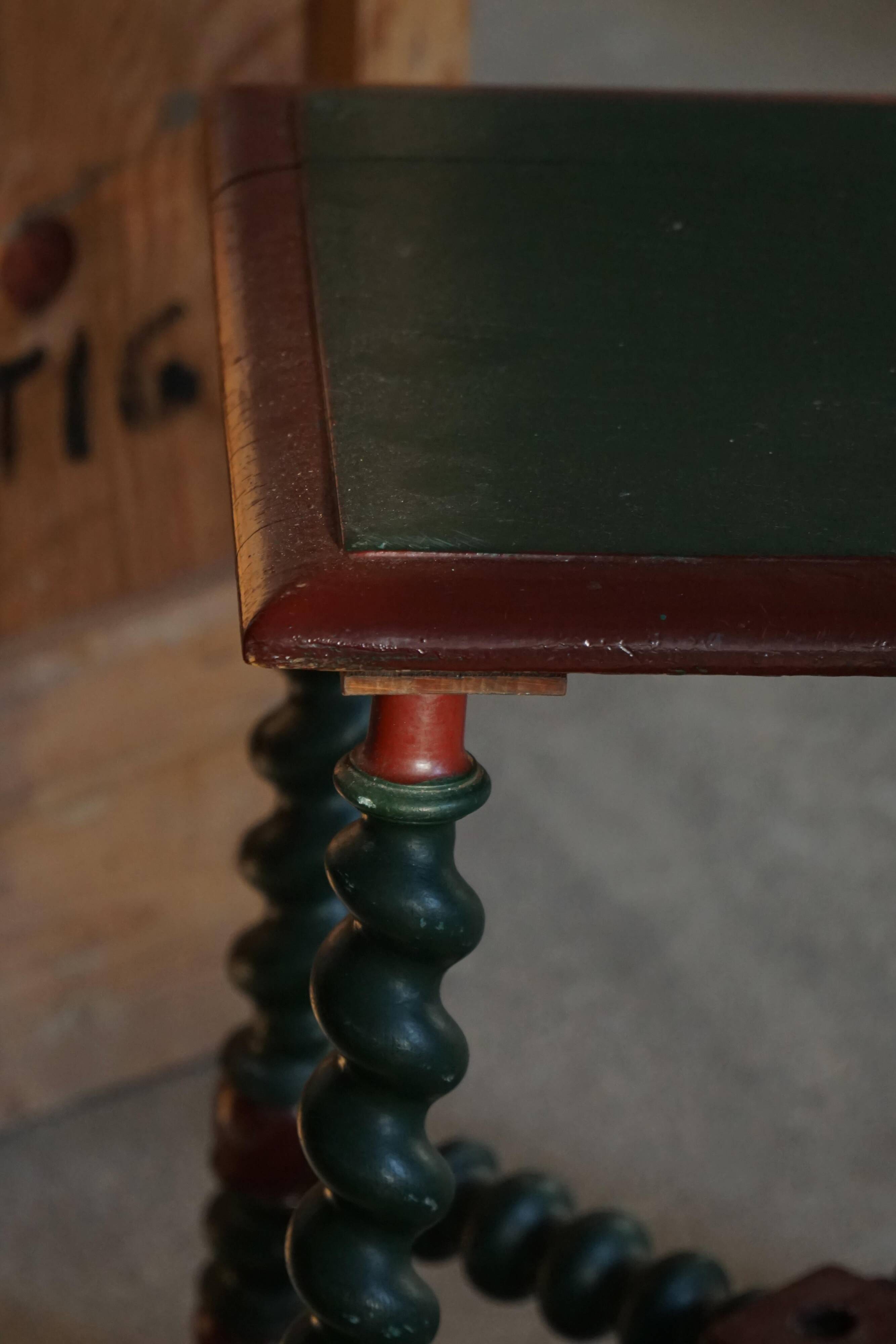 Vintage Scandinavian Stool Painted in Dark Green and Dark Red Wood, Folk Style, 1940s