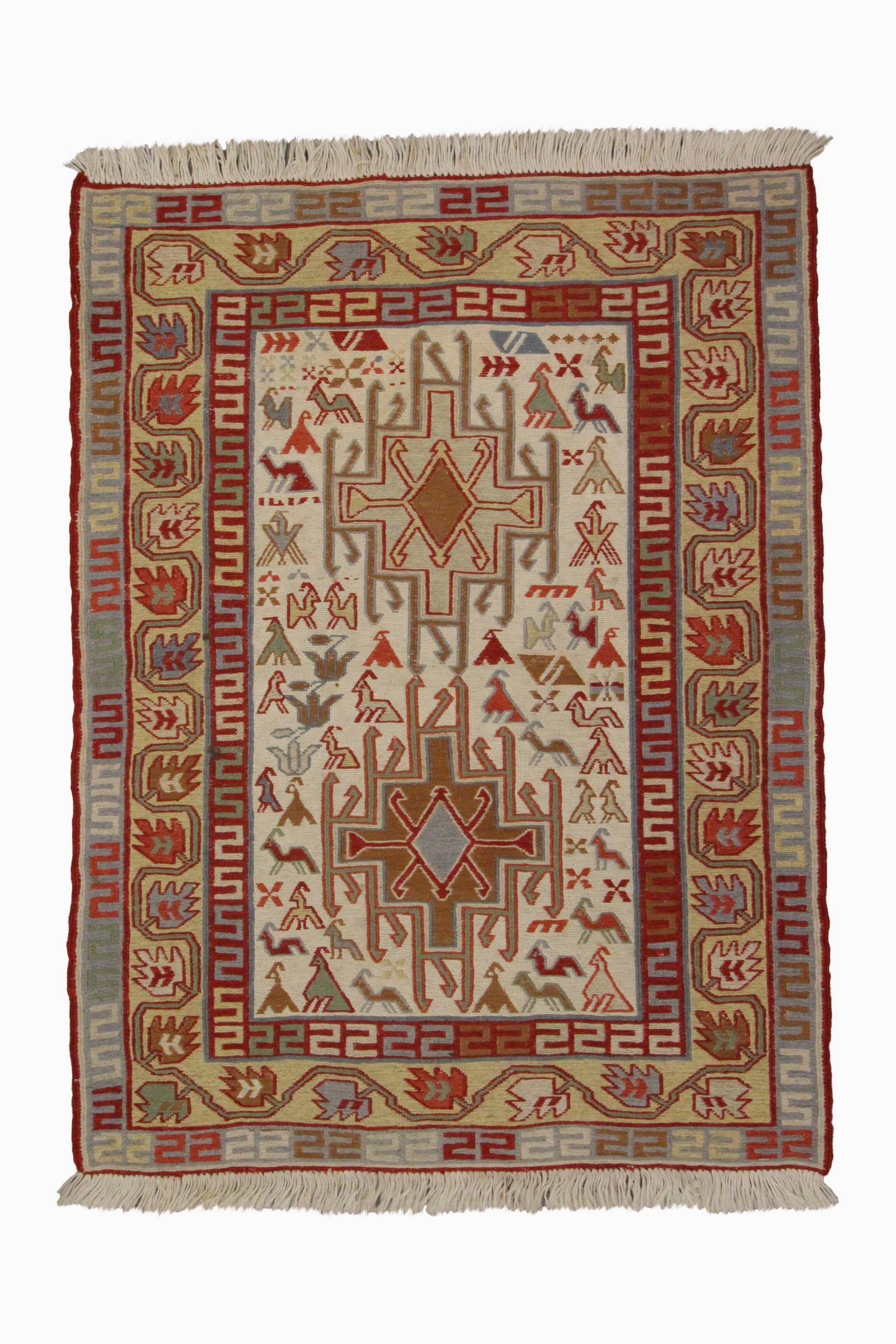 Handwoven Sumakh Kilim Rug, Wool & Silk Tribal Flatweave 103 x 73 cm
