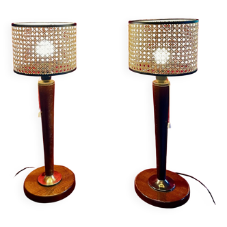 Lampes des années 80, "Unilux", avec abat-jour en cannage