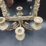 Repousse brass wall mirror with three candles, beveled glass, end of 19th century, double eagles