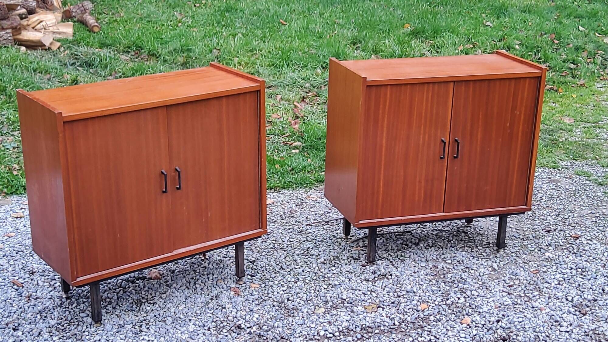 Pair of vintage mahogany sideboards with square metal legs from the 60s