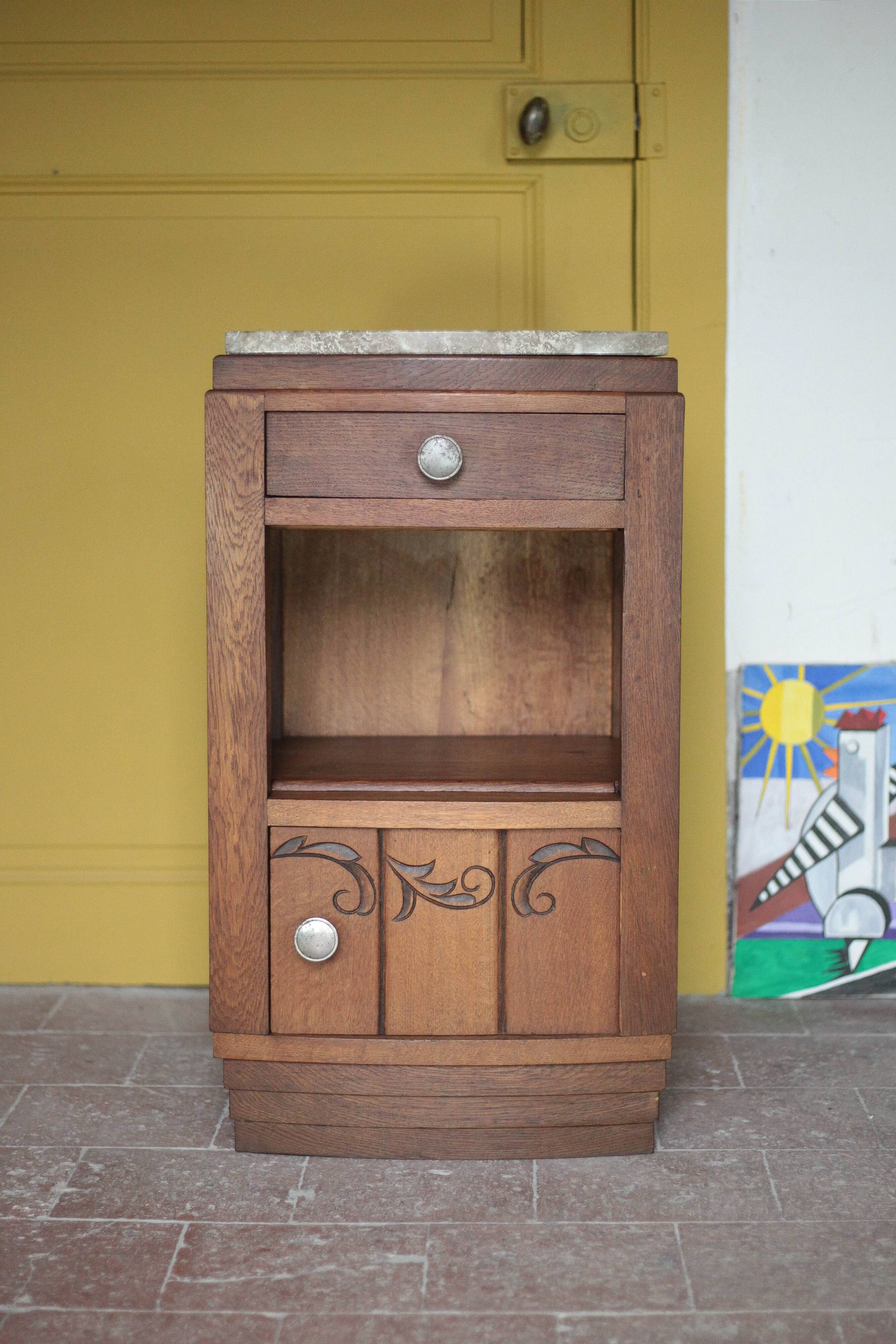 Art Deco bedside table, wooden Art Deco nightstand with marble top.