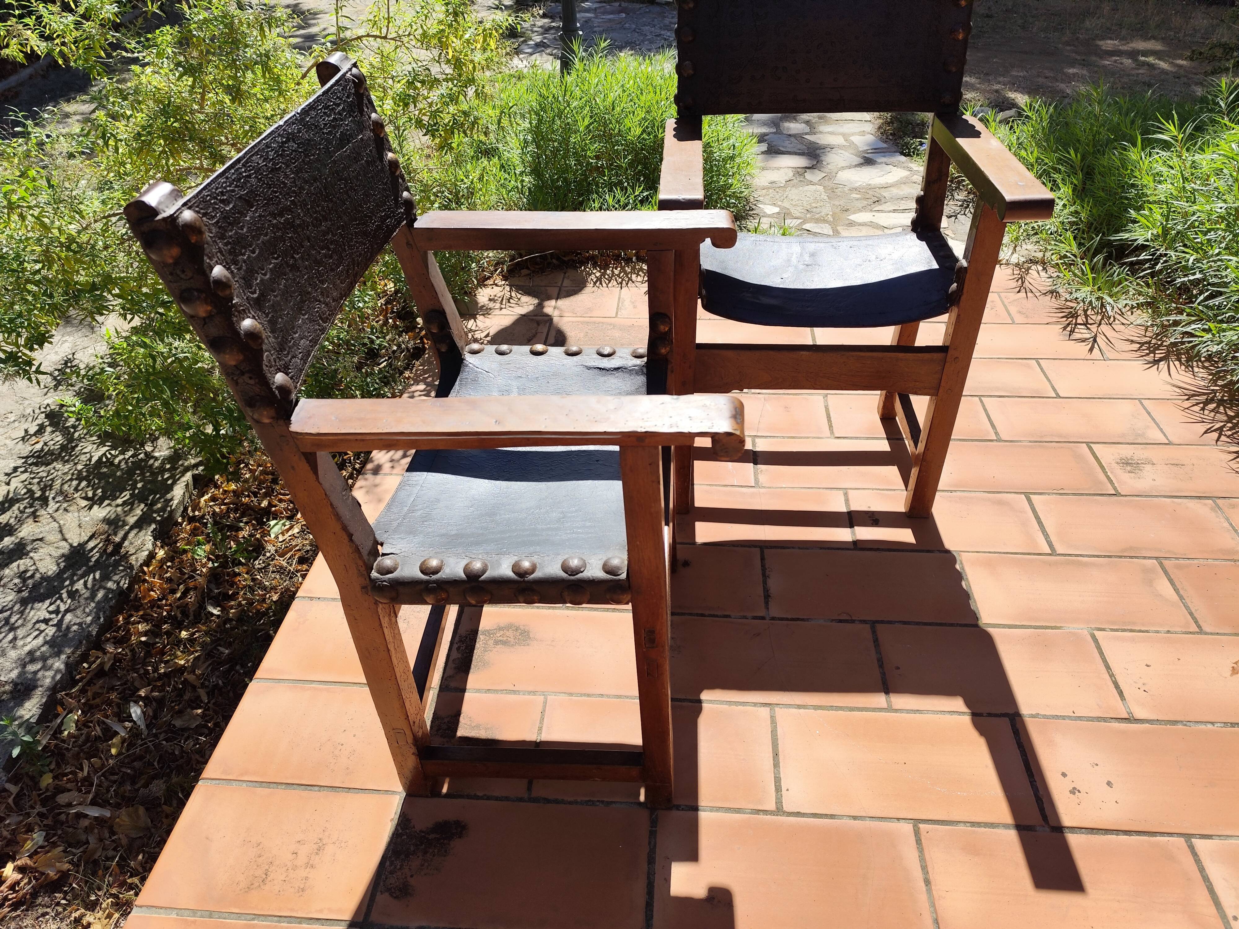 Pair of French Brutalist oak and leather armchairs 1920