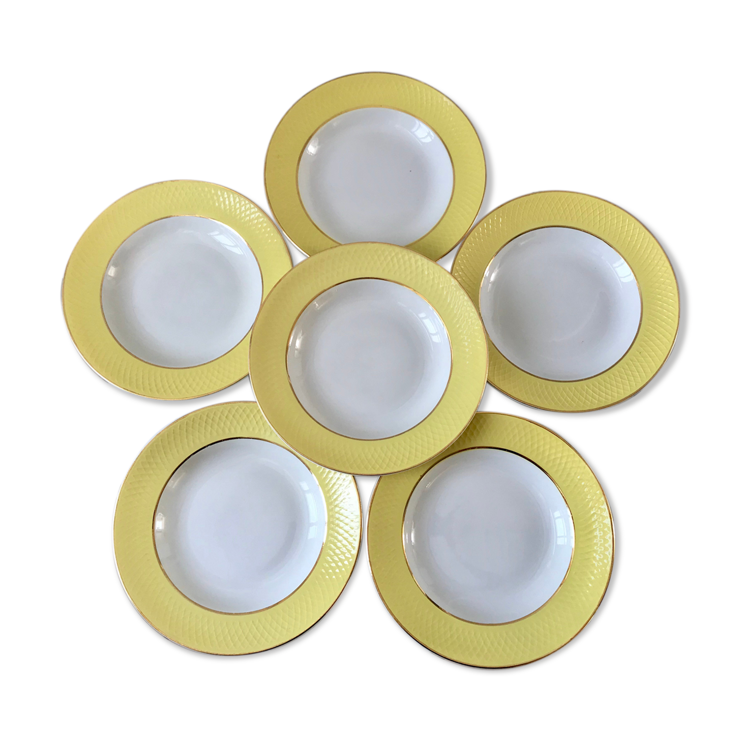 lot of 6 hollow plates Moulin des Loups textured canary yellow 50s