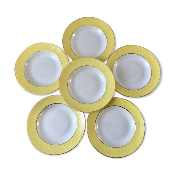 Lot de 6 assiettes creuses moulin des loups texturées jaune canari années 50