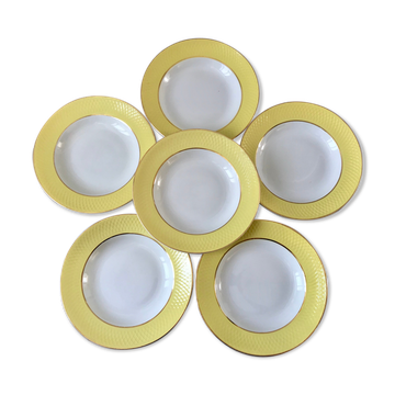 Lot de 6 assiettes creuses moulin des loups texturées jaune canari années 50