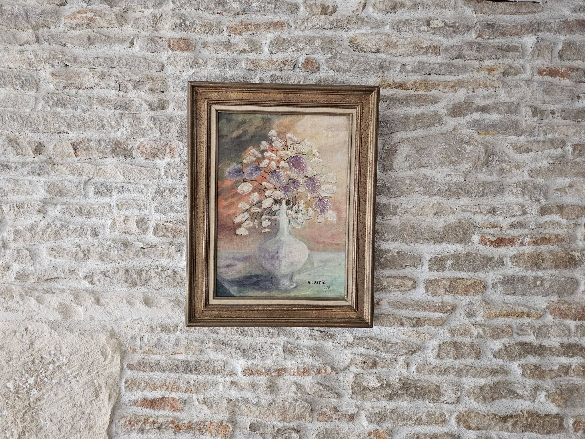 Tableau Huile sur Toile - Bouquet de fleurs Signé G Lustig 1985