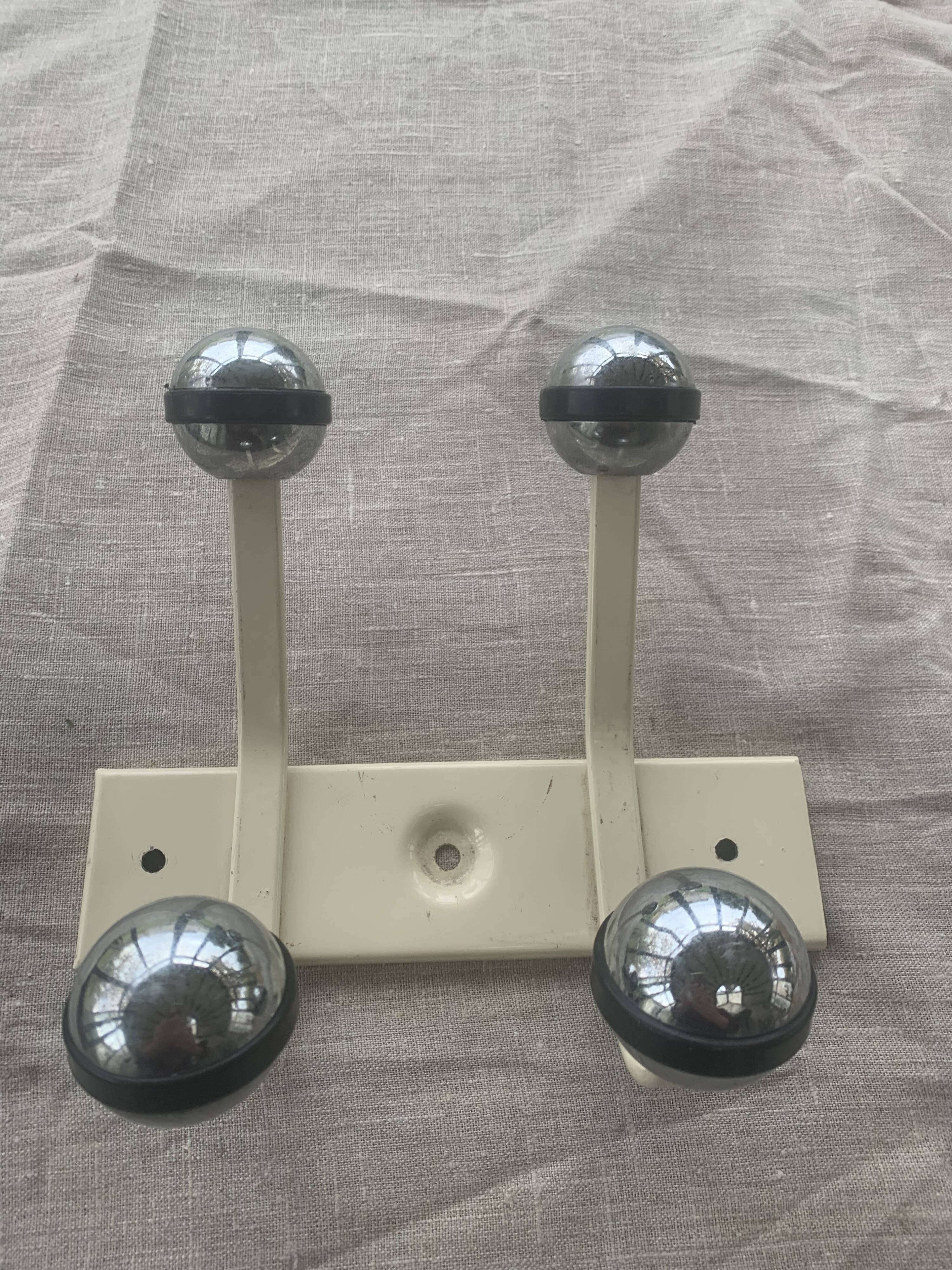 Industrial wall coat rack two hooks in white lacquered metal and vintage silver 1970