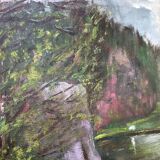 Landscape painting gorge at the river