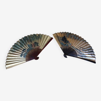 2 painted silk fans