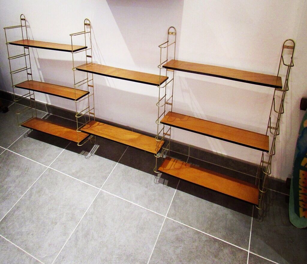 Etagère murale modulable en métal doré et bois