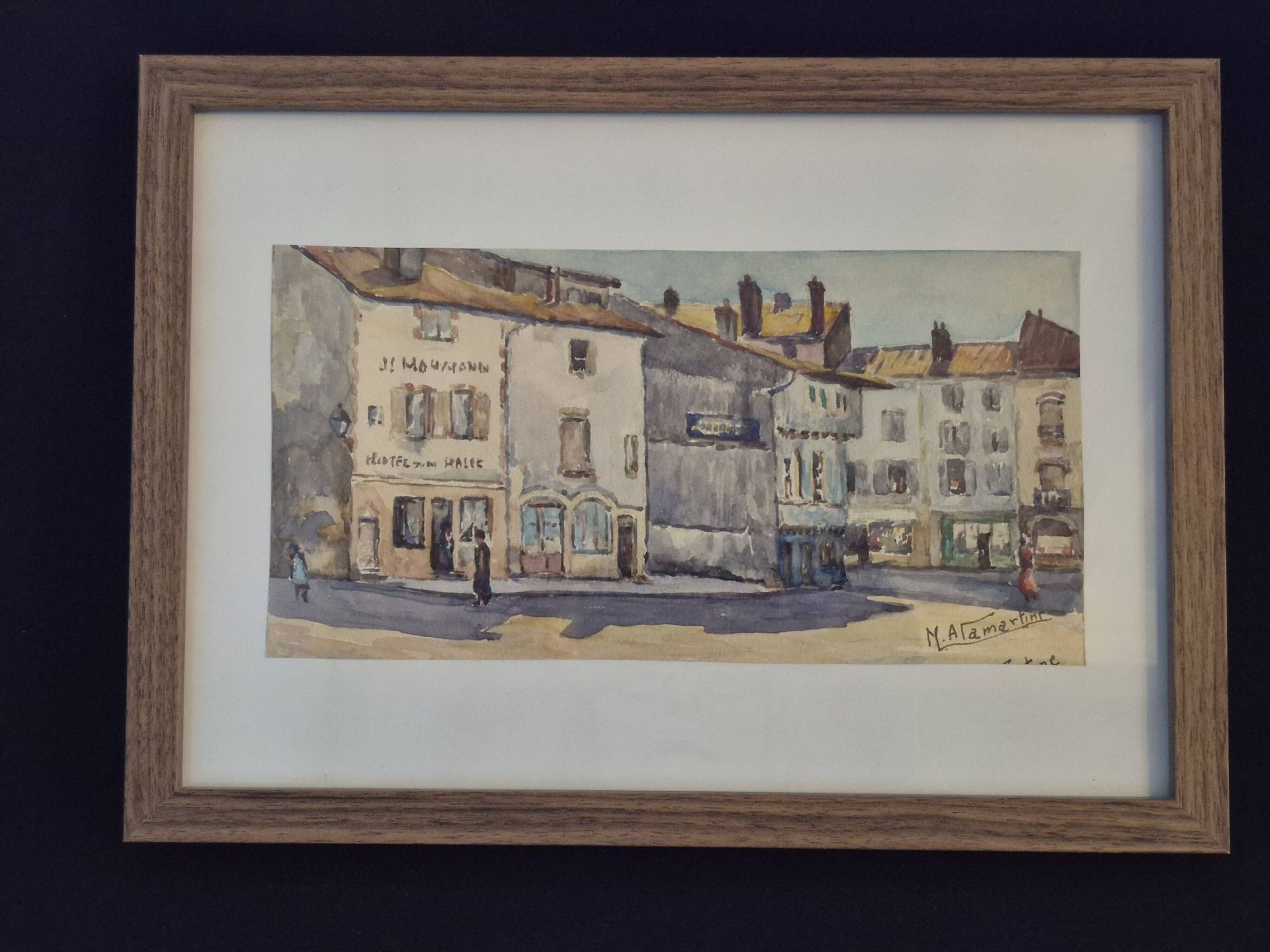 Old watercolour signed marius alamartine "hôtel de la halle" in charlieu