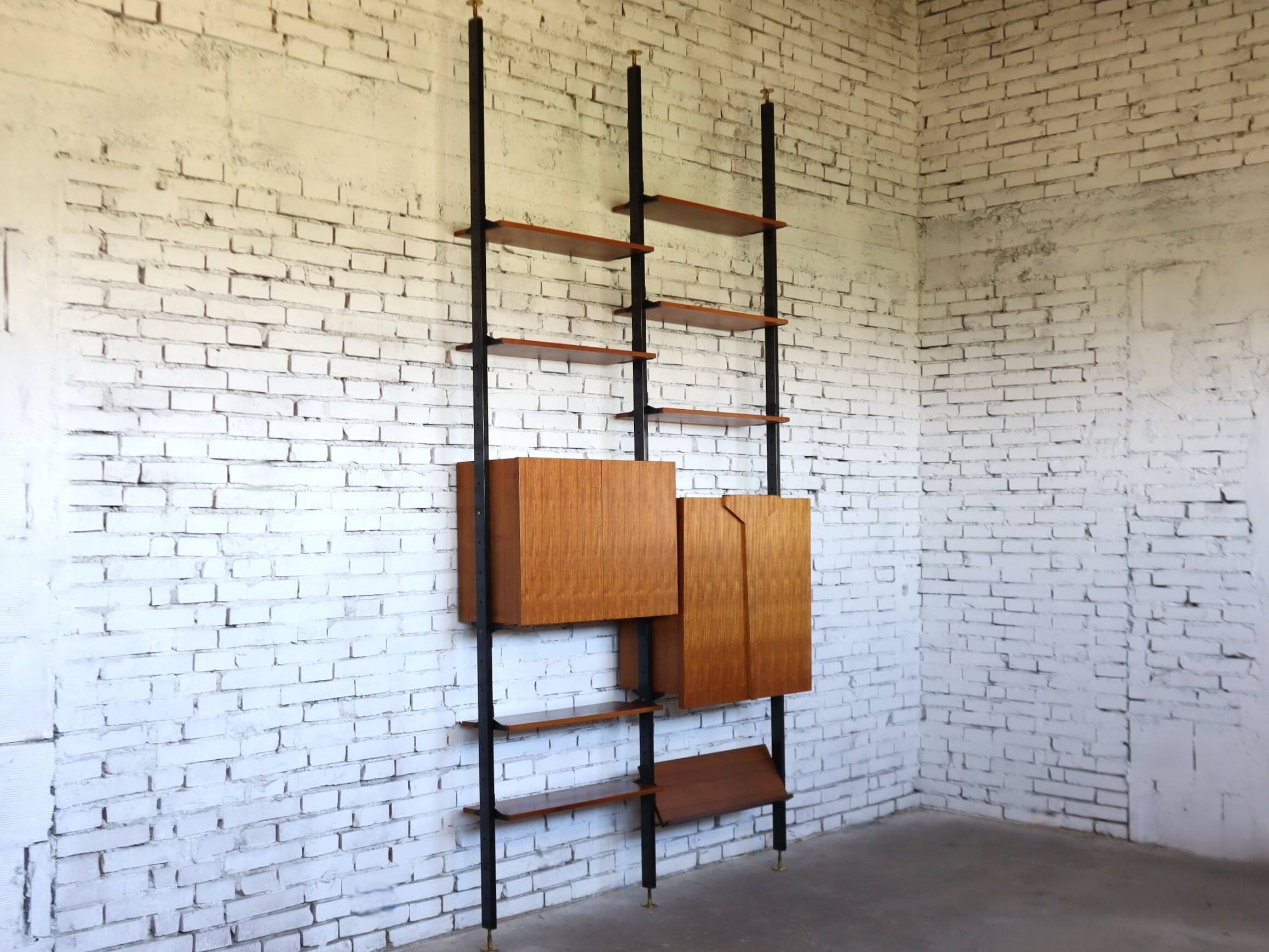 1950s mid-century wall unit teak and iron folding desk & cabinet module