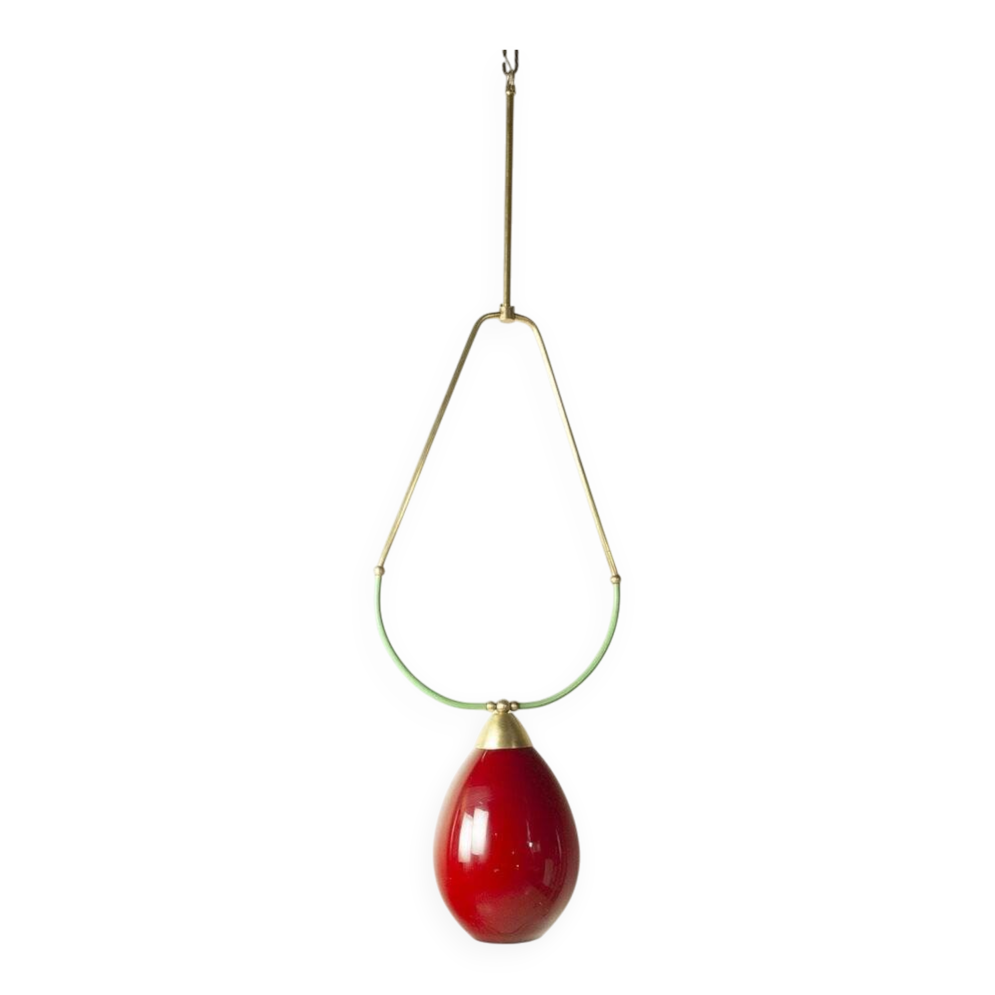 Hanging lamp with a brass frame in the shape of scales and a red-purple Murano glass diffuser.
