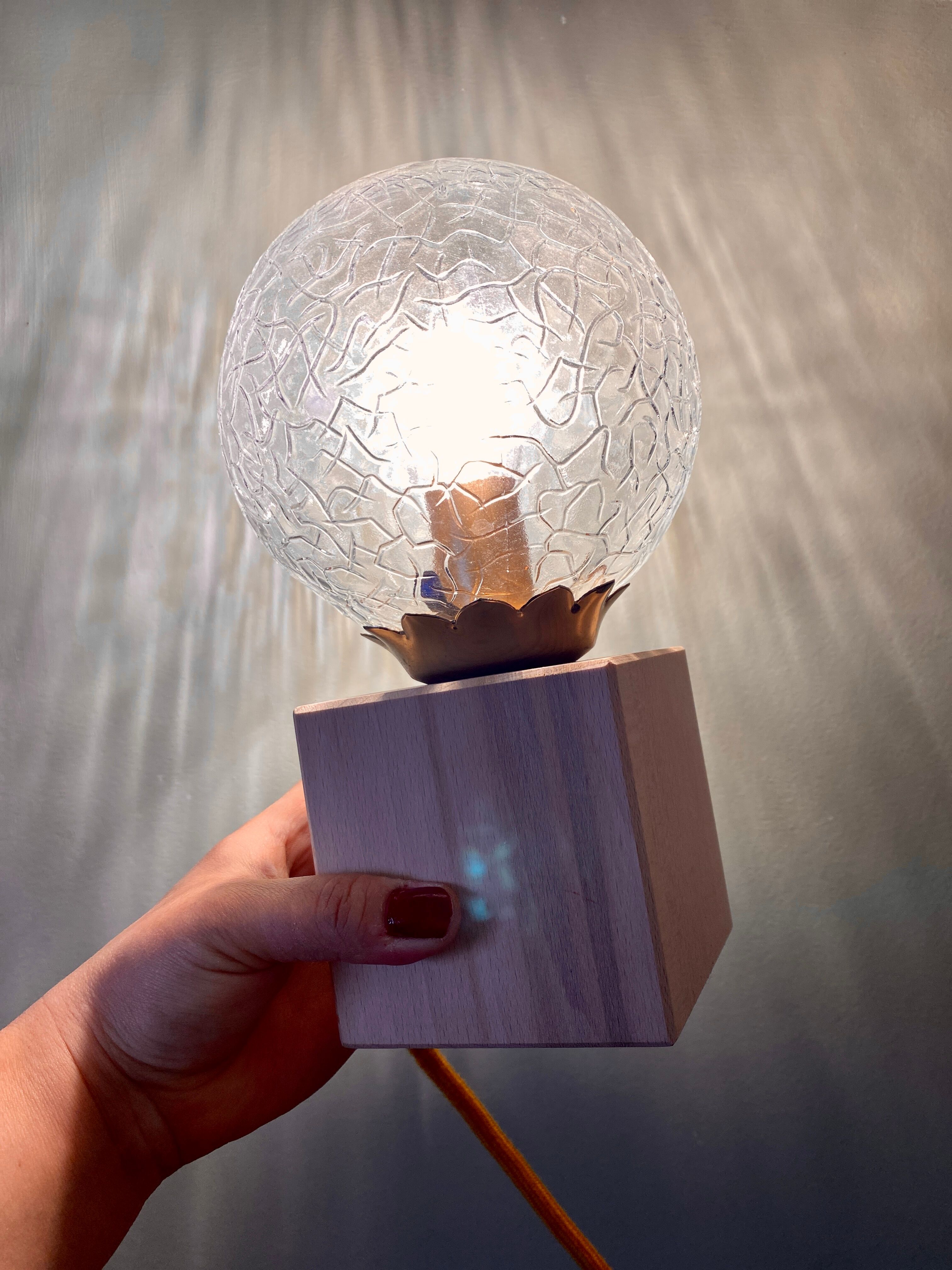 Vintage glass globe table lamp and wooden foot