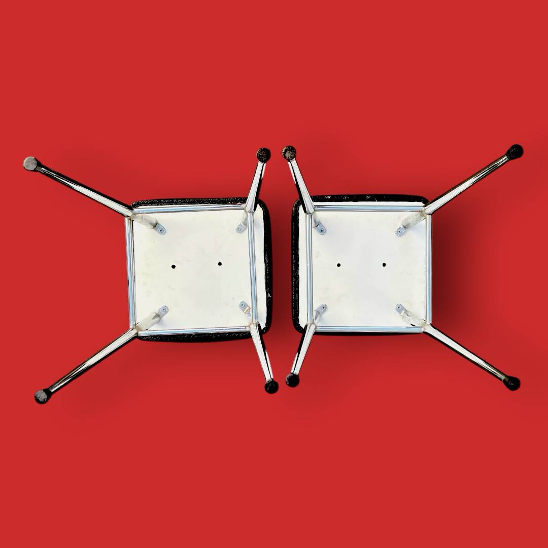 Pair of vintage stools in black faux leather and chrome steel – 1960s-1970s