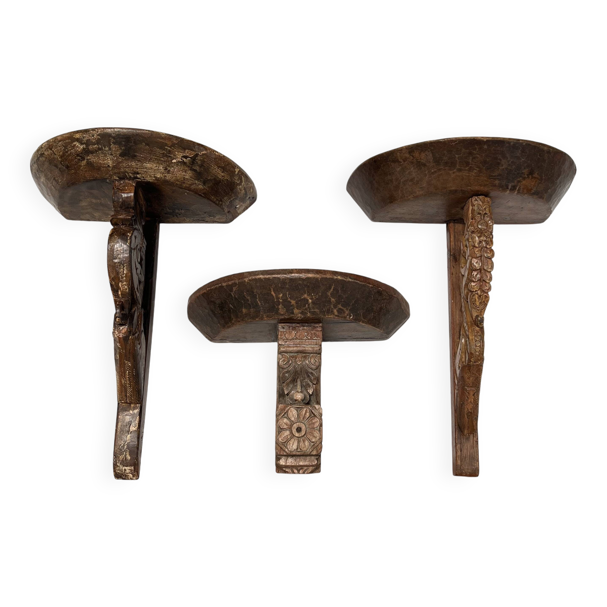 Set of 3 antique wall console lights, carved wooden shelves