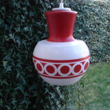 White opaline pendant lamp with red patterns 1970