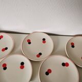 set of 5 Eastern European dessert plates from the 60s, white, red and black