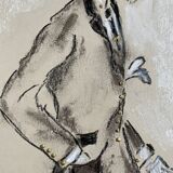 Tableau signé fusain et or iridescent portrait gentleman « Dandy »