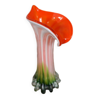 Murano blown glass soliflore vase in the shape of a green and red Calla flower