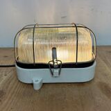 Industrial white porcelain cage wall light with ribbed glass, 1970s