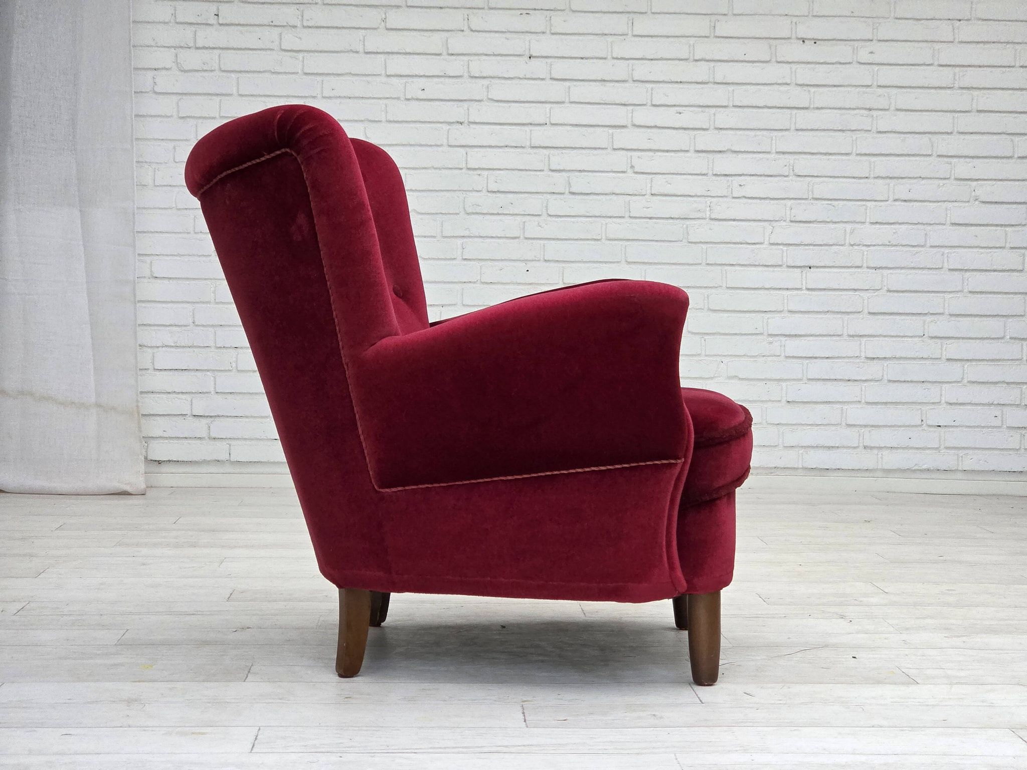 1960s, Danish armchair, cherry-red furniture velour, beech wood legs.