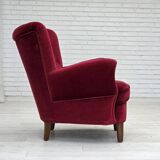 1960s, Danish armchair, cherry-red furniture velour, beech wood legs.