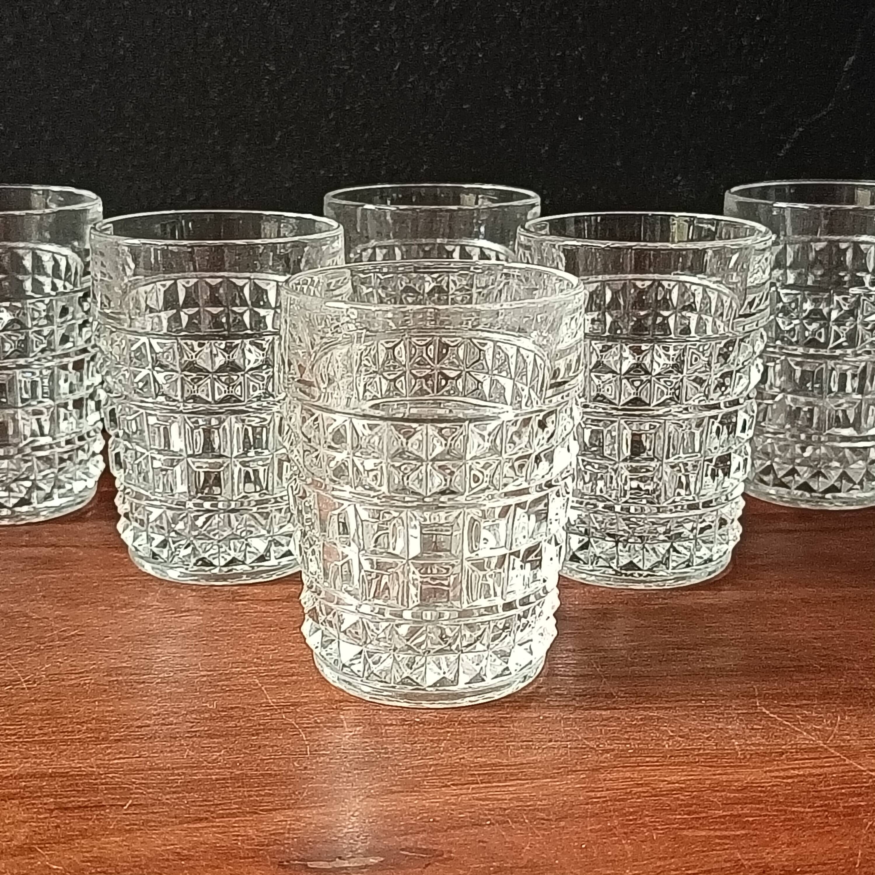 6 small vintage textured clear glasses