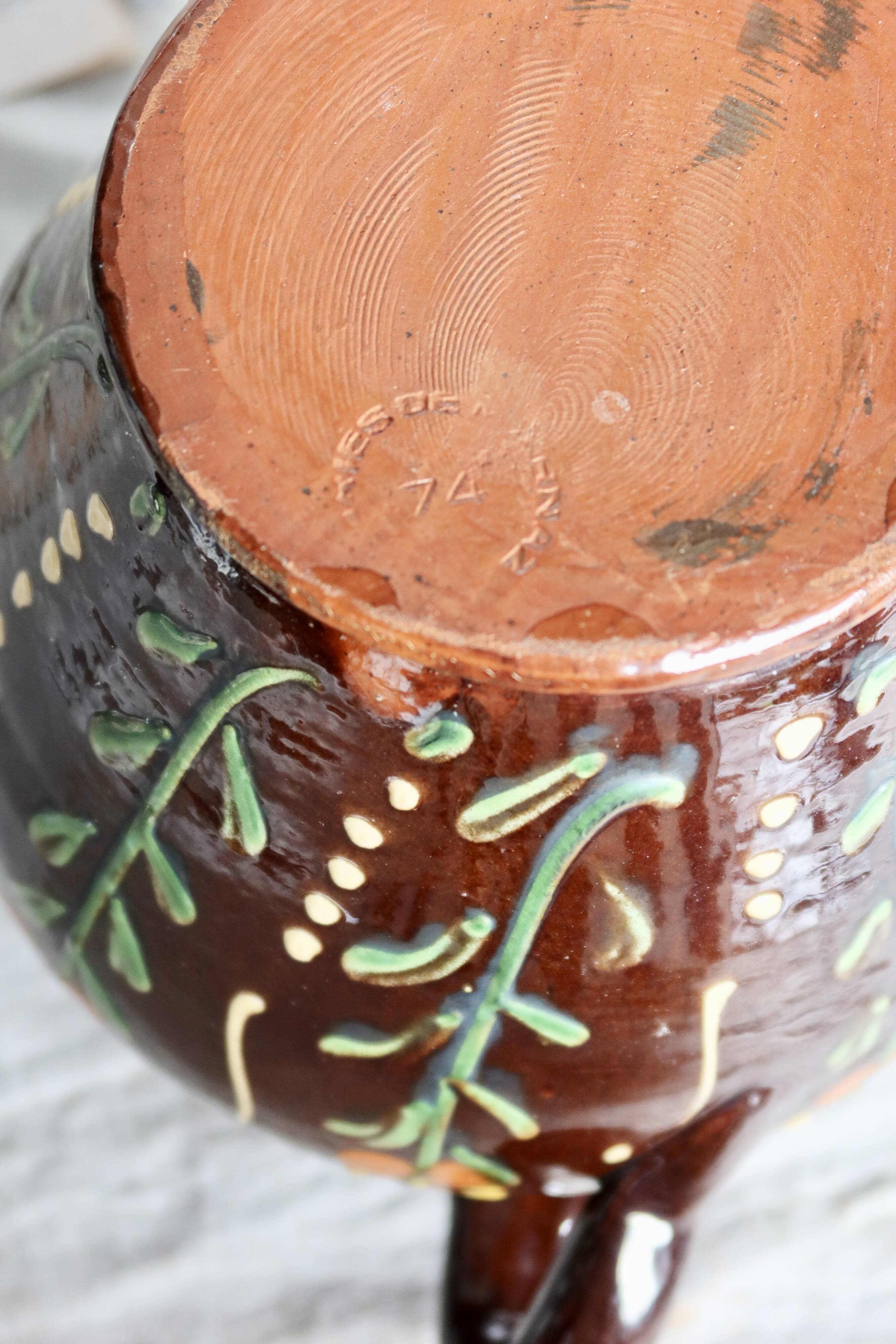 Large antique glazed ceramic jar - Floral motif