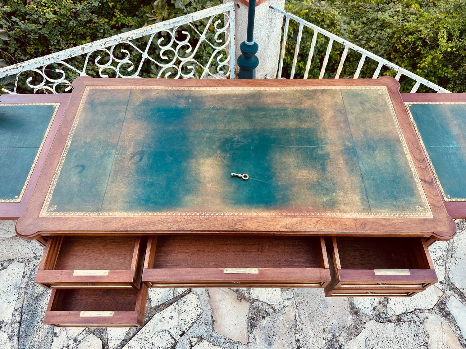 Louis XVI style solid mahogany and bronze flat desk, 19th century