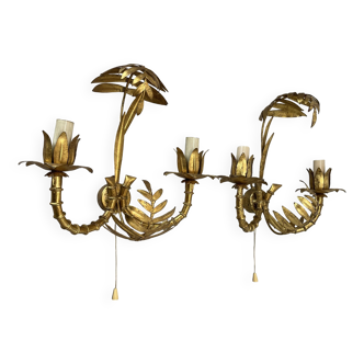 Set of 2 hollywood regency golden florentiner tiki style wall lights, italy 1970
