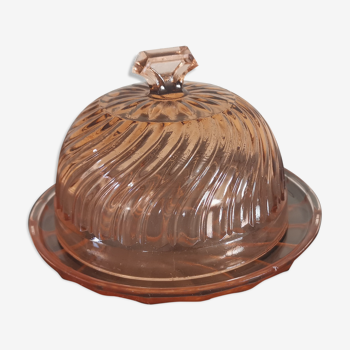 Ancienne cloche à fromage avec son plateau en verre rose