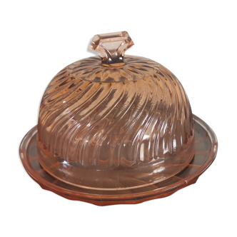 Ancienne cloche à fromage avec son plateau en verre rose