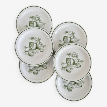 6 assiettes à fromage vintage porcelaine blanche motif et liseré vert